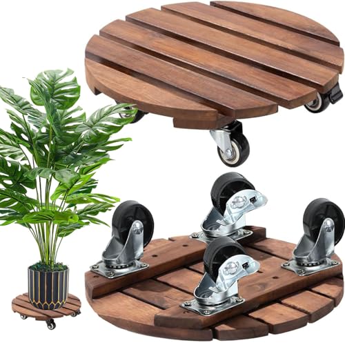 Exquilnova 2 Stück Pflanzenroller Rund, 30cm Holz Blumenroller Rollbrett Pflanzen mit 360° Feststellbare Räder Schwerlastbereich Blumentopf Untersetzer mit Rollen Wetterfest (Dunkelbraun)