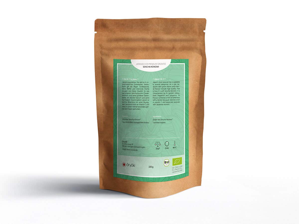 Japanischer Grüner Tee Sencha Konomi, BIO, Super-Premium. 100g, lose, nicht aromatisiert. Kleiner Tee-Garten Präfektur Shizuoka. Dunkel-Grüne, feine Blätter, intensives Aroma.