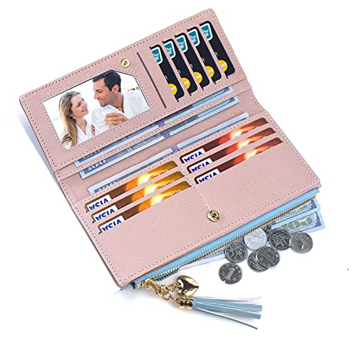 Image of SUMGOGO Wallets for Women Slim Clutch Purse Handbag Card Holder Womens Long Tassel Zipper Pocket Fashion Taiga Leather Billfold Wallet (Blue)