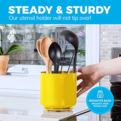 Image of Cooler Kitchen Extra Large Rotating Utensil Holder Caddy with Sturdy No-Tip Weighted Base, Removable Divider, and Gripped Insert: Yellow | Rust Proof Plastic and Dishwasher Safe 7*7 inches