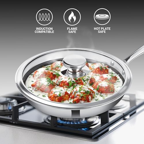 Image of Milton Pro Cook Induction Cookware & Gas Stove Friendly Triply Hexa Tech Stainless Steel Frying Pan with Glass Lid 26 cm, 2L | Honeycomb Non-Stick Fry Pan | Metal Spoon Friendly | 3Y Warranty | Silver