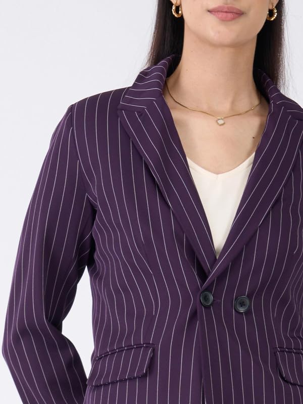 Bold Purple & White Striped Double Breasted Blazer for Women, Viscose-Suiting, Notch Lapel, Full Sleeve4