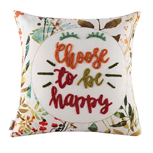 Image of Home-The Best is for You Floral Printed and Embroidered Cushion Cover 16 Inch X 16 Inch Pack of 1 (White::Green::Orange, 1, Polyester)