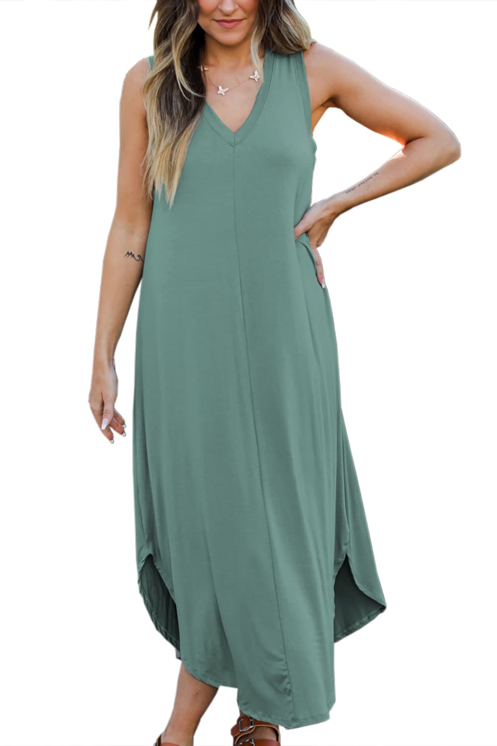 ioiom Women's Long Sleeve Plain Maxi Dresses Casual Long Dresses