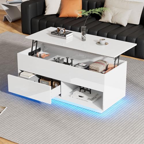 BTM Table Basse Relevable, Table Basse LED avec Rangements Multicouches, Salon, Brillante, Éclairage LED Réglable, Charge de 50kg, 100x50x55cm, Blanc