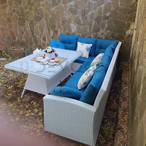 Image of DEVOKO 3 Piece Outdoor Patio HDPE Wicker Sectional Dining Sofa Rattan Conversation Furniture Set with Table (White and Sky-Blue)