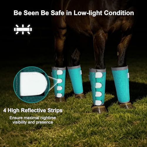 Image of Reflective Horse Fly Boots Set of 4, Loose Fitting Leggings for Horses, Equine Fly Leg Wraps Socks for 4 Legs, Breathable Adjustable and Universal Fit, Reliable Stay Put and on (Mint)