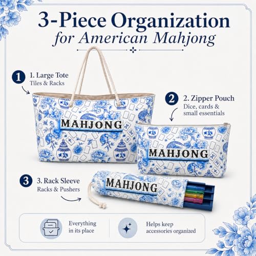 Set de 3 Bolsas para Mahjong Americano, Azul Floral miniatura 4