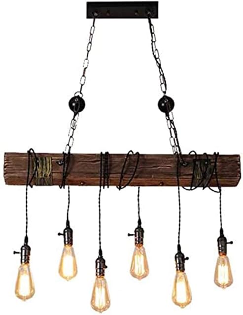 Wood Retro Vintage Pendant Lamp Industrial Metal Hanging Lamp Height Adjustable E27 6-Lights Retro Pendant Lamp Hanging Lamp Black for Kitchen Coffee Shop Dining Living Room Loft Rustic Ceiling Light