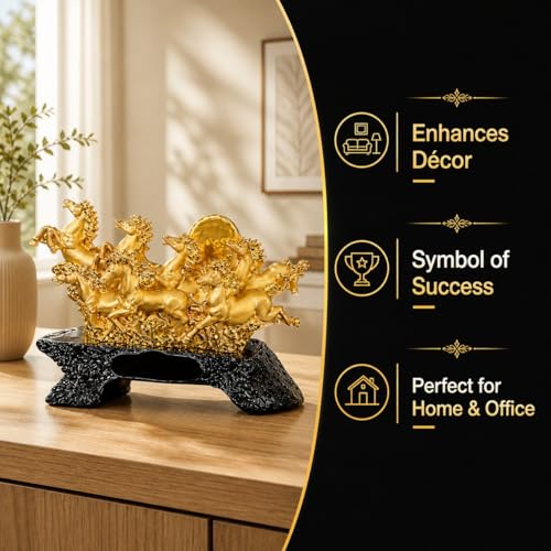 Image of Armonia Premium 7 Running Horses Statue for Home & Office Decor | Feng Shui & Vastu Showpiece |Polystone Golden Finish |11.81 x 8.66Inch| Lucky Wealth & Success | Figurine for Living Room,Hall & Shelf