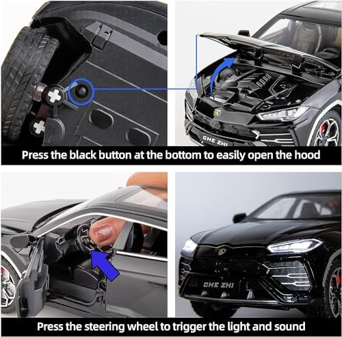Image of Invite Enterprise Exclusive Alloy Metal Pull Back Die-cast Car 1:24 Big Lamborgini Urus Diecast Metal Pullback Toy car with Openable Doors, Light Music Boys Gifts Toys for Kids(1:24 Urus - Black)