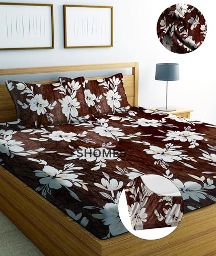 Image of Premium Elastic Fitted Warm bedsheets for Winter for Double Bed, Elastic Fitted Winter bedsheets for King Size Bed with 2 Pillow Covers, Size - 72 x 78 Inches (Brown)