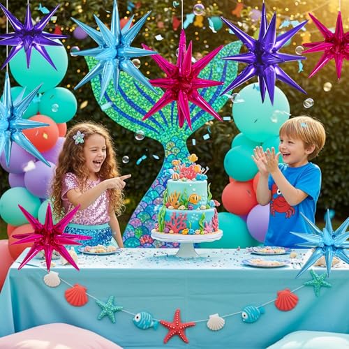 Image of TONIFUL 8 Pcs Green and Gold Explosion Star Foil Balloon Party Decoration | 22 Inch Large Mylar Star Balloon for Girls'Sweet 16 Party Mermaid Themed Underwater Birthday Summer Tropical Beach Pool Decor