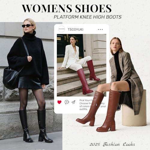 Tscoyuki Women's Knee High Boots, Square Toe Platform Boots - Half Zipper Chunky Heel Tall Boots for Women2