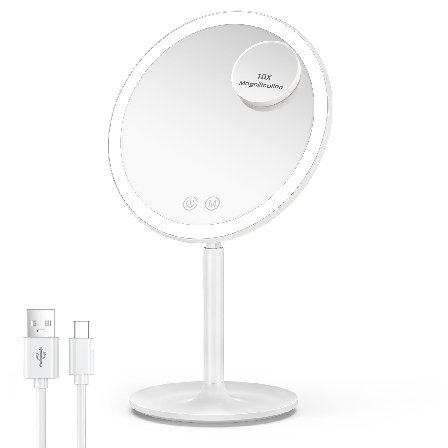 Makeup Mirror with Lights and Rechargeable Battery, Detachable 10X Magnification, 3 Light Colors, 46 LED Lights Dimmable Touch Sensor Portable Light up Cosmetic Mirror with Storage Tray