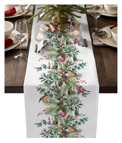 XUCZHAI Camino de Mesa de Lino de Pino con Planta Verde navideña, Bufandas de tocador, Camino de Mesa de Cocina de Navidad de Invierno(150x33cm 59x13inch)
