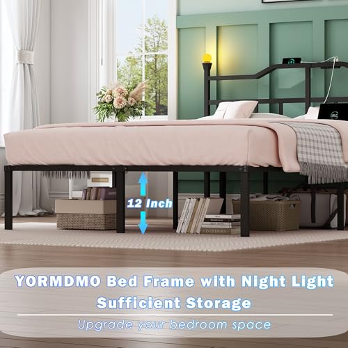 Full Bed Frame with Headboard, 14 inch Metal Bedframe with Entertainment Night Lights, Outlets & USB, Heavy Duty Basic Steel Slats Platform, Noise Free - Image 5