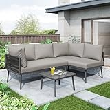 DRIXNO Garten-Lounge-Set aus Eisen, Gartenmöbel-Set aus grauem Seil, L-förmiges Gartenmöbel-Set, Lounge-Set aus grauem Seil mit Sitzkissen, verstellbaren Füßen, 2 Sofas und 1 Tisch