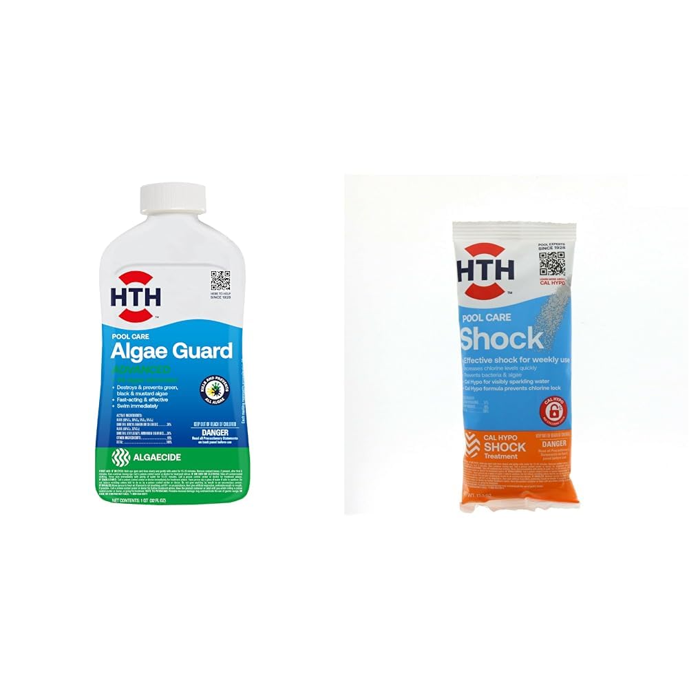 HTH67084 Swimming Pool Care Algae Guard Advanced, Swimming Pool Chemical, Fast-Acting, 32 fl oz & 52031 Swimming Pool Care Shock, Cal Hypo Formula, 13.3oz