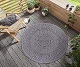 Northrugs Porto In- und Outdoor Teppich Rund – Runder Wendeteppich Wasserfest Mandala Design Flachgewebe Teppich Wetterfest für Balkon, Terrasse, Garten, Wohnzimmer in Night Silber, ⌀100cm