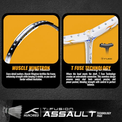Image of Hundred T-Fusion Assault Badminton Racket with Full Cover | ≤32 lbs | Performance Racket | Sturdy Frame & Smooth Swing | Offensive Shots & Fast Game
