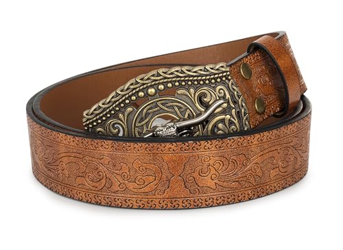 Image of Men's-Western-Leather-Belts Cowboy-Longhorn-Bull-Head-Buckle-Belt Floral-Engraved Waistband for Women