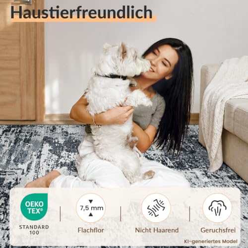 INOVADAY Abstrakt Waschbarer Teppich 90x150 cm Schwarz/Grau/Weiß/Blau – Ansicht 6