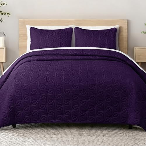 Whale Flotilla Couvre-Lit 240x260 cm avec 2 Taies d'oreiller, Dessus de Lit Gaufré Doux Léger avec Motif Géométrique pour 4-Saisons, Violet