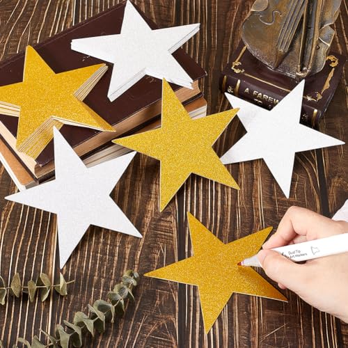 SOFPLATE 60 Stück Ausgeschnittene Papiersterne In Sternform 5.3(1) cm Silber Golden Bedruckt Glänzender Glitzer Schimmernde Kunst Konfetti Ausschnitt Für Heimwerker Pinnwand Klassenzimmer