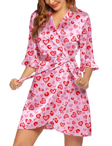 Image of Ekouaer Women's Satin Robe Valentines Lingerie for Women Kimono Bathrobe Short Ruffle Belted Robes Bridesmaids Sleepwear