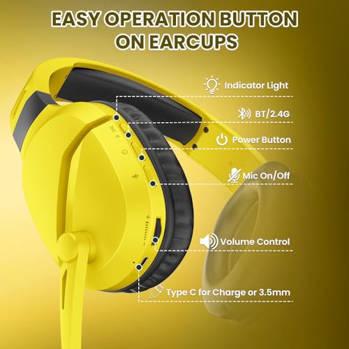 Image of Wireless Gaming Headset with Noise Canceling Microphone for PS5, PC, PS4, 2.4G /Bluetooth Gaming Headphones with USB and Type-c Connector, Wired Mode for Controller - Yellow