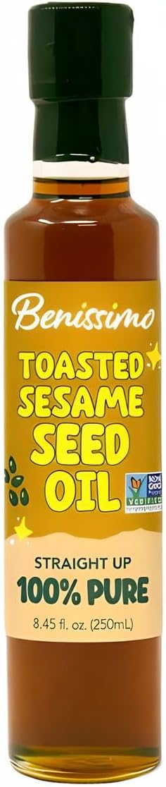 Benissimo 100% Toasted Sesame Oil in Glass Bottle, Non-GMO Premium Cooking Oil with Rich, Nutty Flavor, Perfect for Stir-Frying, Marinades, Dressings, and Drizzling, 8.45 fl oz