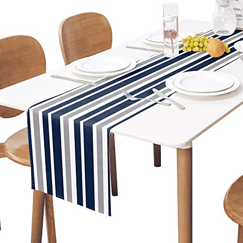 Stripe Table Runner-Navy Blue Gray White Cotton Linen-Long 72 Inche Dresser Scarves,Farmhouse Tablerunner For Kitchen Coffee/Dining/Sofa Table Bedroom Home Living Room,Scarf Decor For Holiday Dinner #TOP1