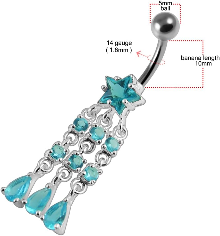 Chandelier Star with Teardrop Dangling Design 925 Sterling Silver with Stainless Steel Belly Ring - Belly Button jewelry - Navel jewelry