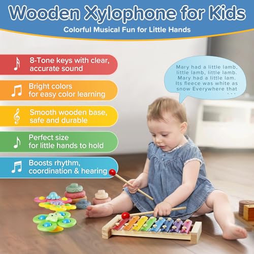 Image of Somastung 7‑in‑1 Montessori Baby Toys for 6‑12 Months & 1+ Years, Infant Sensory Teething & Stacking Blocks | Wooden Shape Sorter, Xylophone Musical Toy, Birthday Gift for Toddlers 1‑3