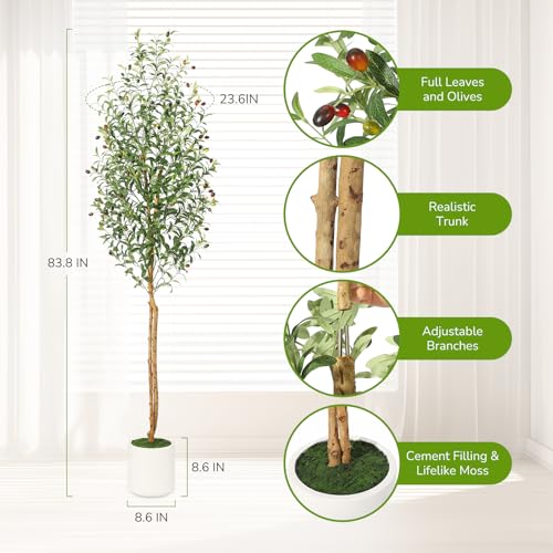 GarveeHome Faux Olive Tree 7ft,Tall Artificial Tree Indoor with 2 Natural Wood Trunks, Fake Plants Potted in White Planter, Floor Plants for Living Room House Decor,2PCS