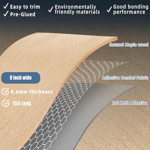 Image of Maple Wood Veneer, 8 inch x 15ft Wood Edge Banding Pre-glued Flexible, Veneer Tape Banding for Cabinet Repair Furniture Restoration