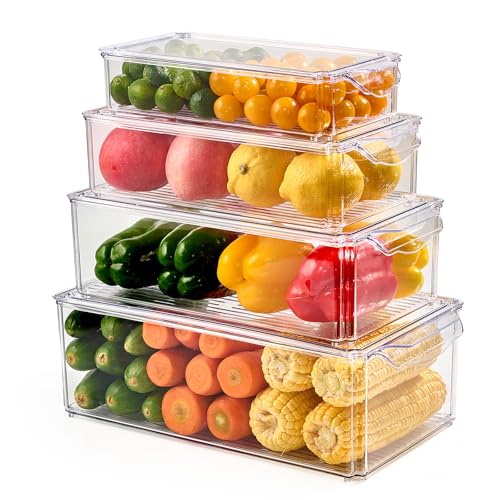 Luckore 4 Piece Refrigerator Organizer Bins, Clear Fridge Organizers and Storage, Stackable with Lids, Food Storage Containers for Fruit, Vegetable, Drinks, Cereals