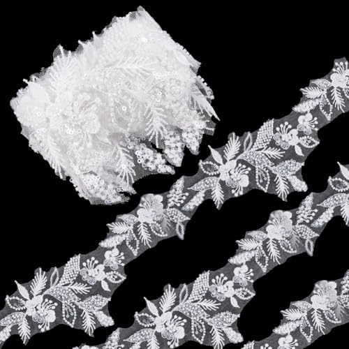 PH PandaHall 2 Yards x 4 inch Flower Lace Trim Embroidery Lace White Wedding Dress Straps Bridal Dress Embellishments Elegant Flower Fabrics for Sewing Party Wedding Decorations