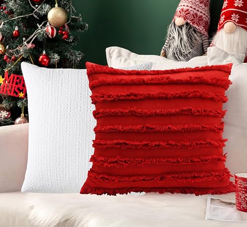 Image of mosey Red Cushion Covers 12x12 | Pure Cotton | Set of 2 | Red and White Throw Pillow Cover 12 inch x 12 inch for Theme Decoration Items, Home Decor, Gifts