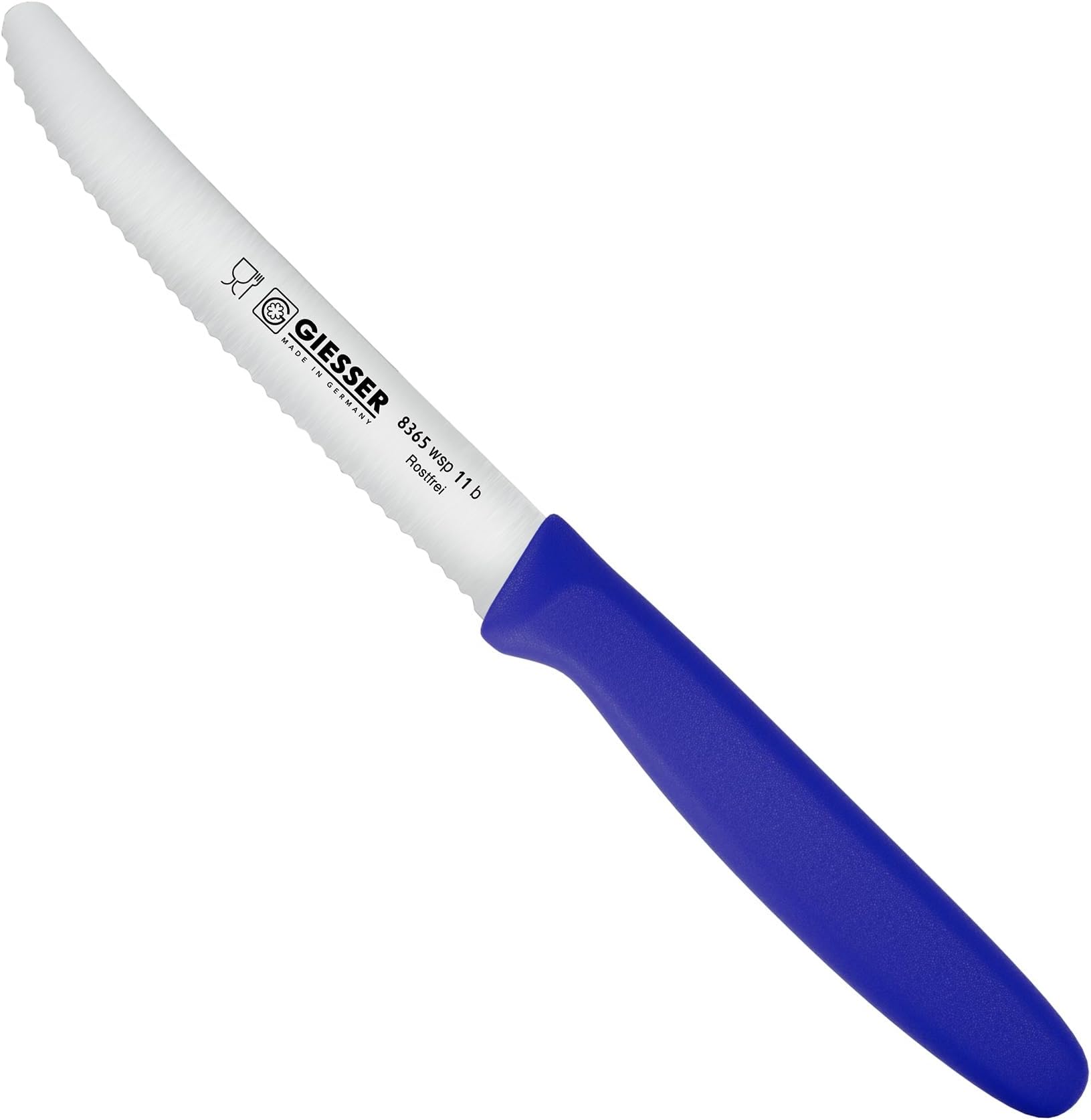 Giesser since 1776, Made in Germany, Blue serrated Utility kitchen knives round tip dishwasher safe 4.5 inch - paring knife, Tomato knife, Steak knives set of 6, restaurant knife (Single)