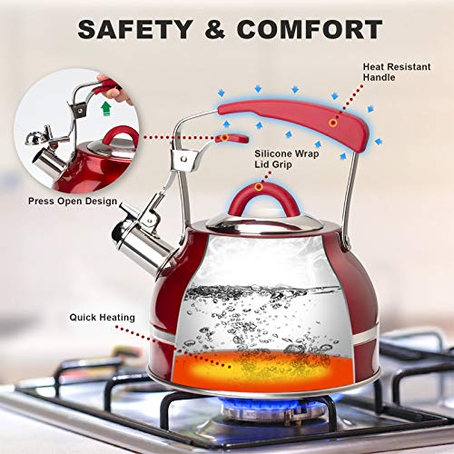 Secura Whistling Tea Kettle, 2.3 Qt Tea Pot, Stainless Steel Hot Water Kettle For Stovetops With Silicone Handle, Tea Infuser, Silicone Trivets Mat, Red #TOP4