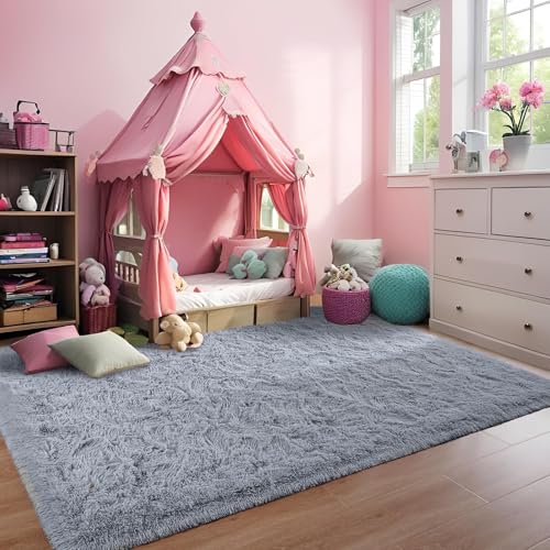 Grand tapis de salon poil long shaggy gris 110x190 cm pour chambre - 2
