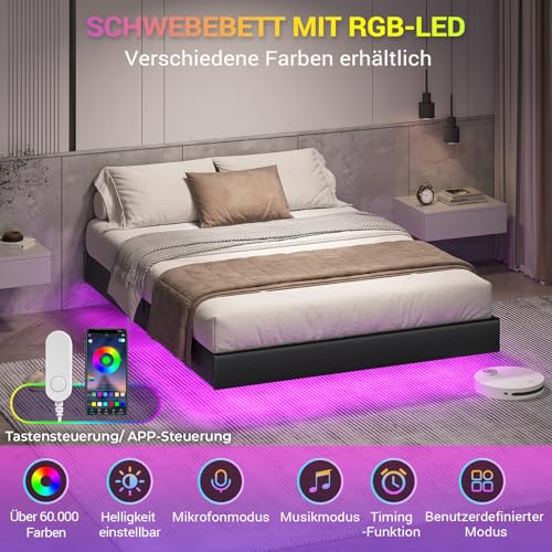 DICTAC Bett 140x200 mit Verstellbarer Beleuchtung,Bettgestell 140x200 mit weicher Polsterung, Floating Bed Frame, Gepolstertes Jugendbett für Schlafzimmer, Gästezimmer, Leichte Montage, Schwarz