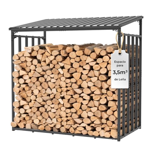 CHOSHOME Estante exterior metálico para leña, 185 x 105 x 185 cm, antracita, cobertizo para leña de jardín con capacidad 5,25 SRM / 3,5 m³, techo metálico, galvanizado en caliente