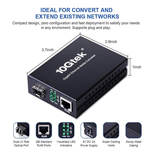 Image of 10Gtek Gigabit Ethernet Media Converter with a 1000Base-SX Module Included, MMF Dual LC Fiber to Ethernet RJ45 Converter for 10 /100 /1000Base-Tx to 1000Base-SX, UL Certified, up to 550m