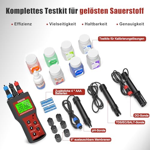 Messgerät für gelösten Sauerstoff für Wasser, 6-in-1 Smart DO, pH, Salzgehalt, TDS, EC, Temperatur, mit automatischer Kompensation für Teiche, Aquarien, Wassertests, Wasserqualitätstester, Teich-Saue