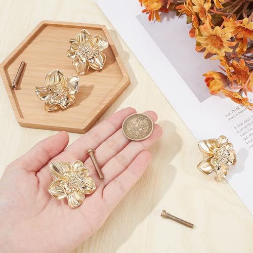 CREATCABIN 4 Sets Gold Flower Drawer Knobs Metal Cabinet Knobs Dresser Handles Vintage Wardrobe Door Cupboard Drawer Furniture Accessory Pulls Handles for Kitchen Bedroom Living Room 1.41x1.63x0.92 in - Image 3