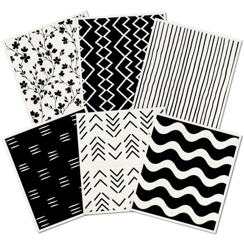 PRESSINART 6Pcs 6 Styles Geometric Dish Cloths Swedish Kitchen Dishcloths Reusable Wash Towels Washable Rectangle Cellulose Sponge White and Black Flower Simple Line Mixed Pattern for Kitchen Cleaning
