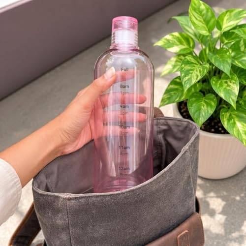 Image of Borosilicate Water Bottles, H2O Fridge Water Bottle with Cap, Leak proof & Airtight Lid, Water Bottle for Office, School, College - 1000ml Bottles with Time Marker (Pink)